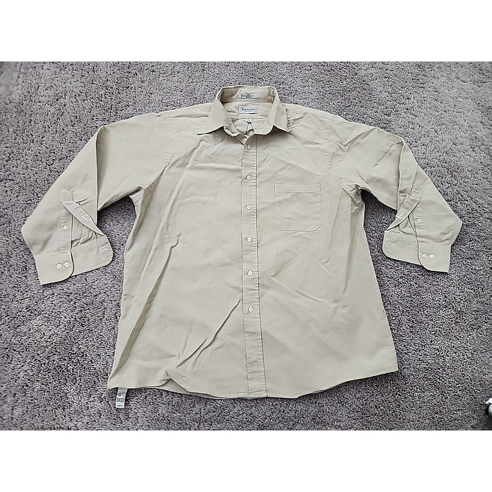 Van Heusen Dress Shirt Mens 17 Tan Beige Vintage Oxford Made in USA Long Sleeve